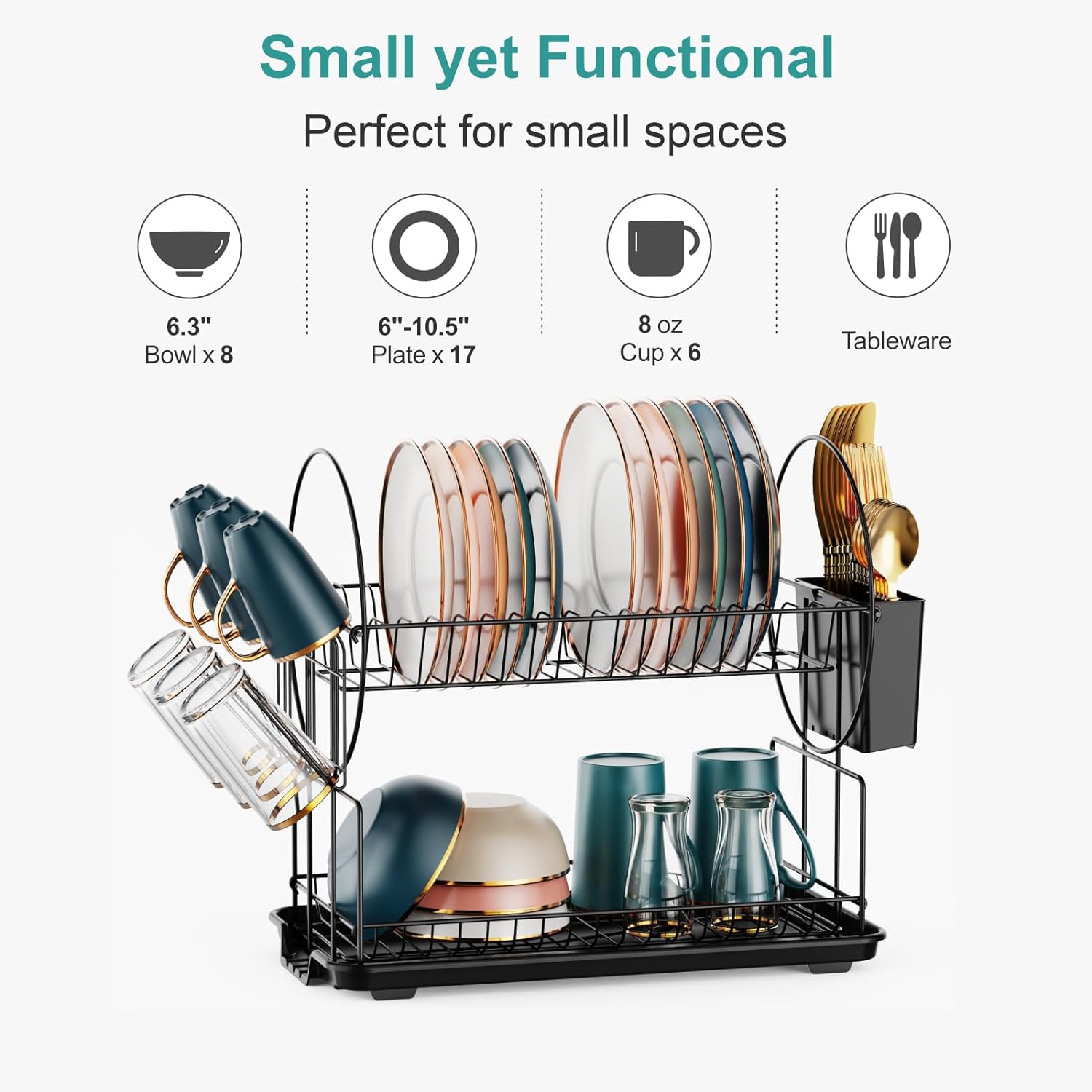 2 Tier Dish Racks with Drainboard, Utensil & Glass Holder