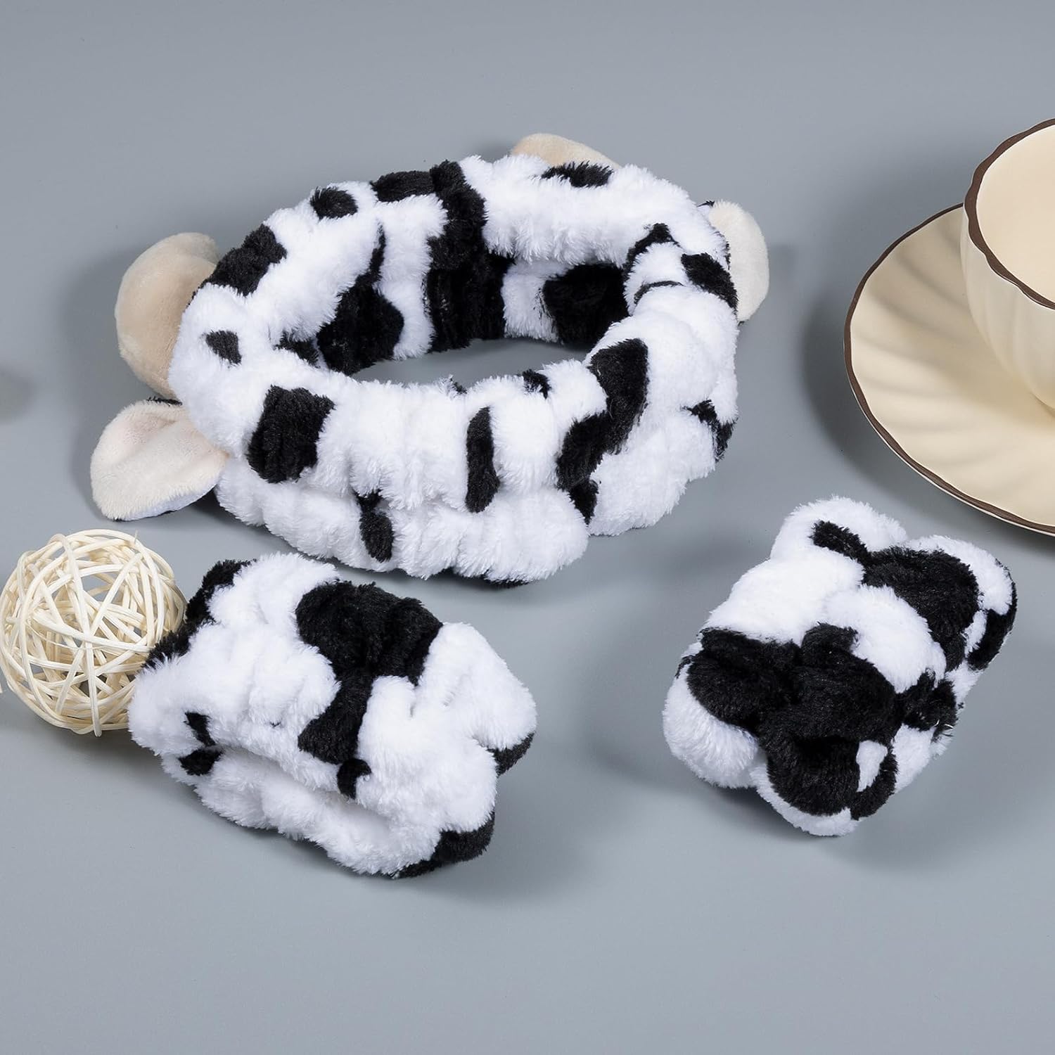 3-Piece Cow Print Spa Wrist Band Cuffs Hair Scrunchy Set