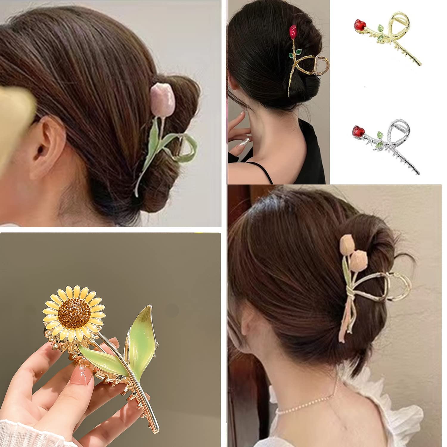 6-Pack Cute Large Tulip NonSlip Flower Metal Hair Claw Clips 