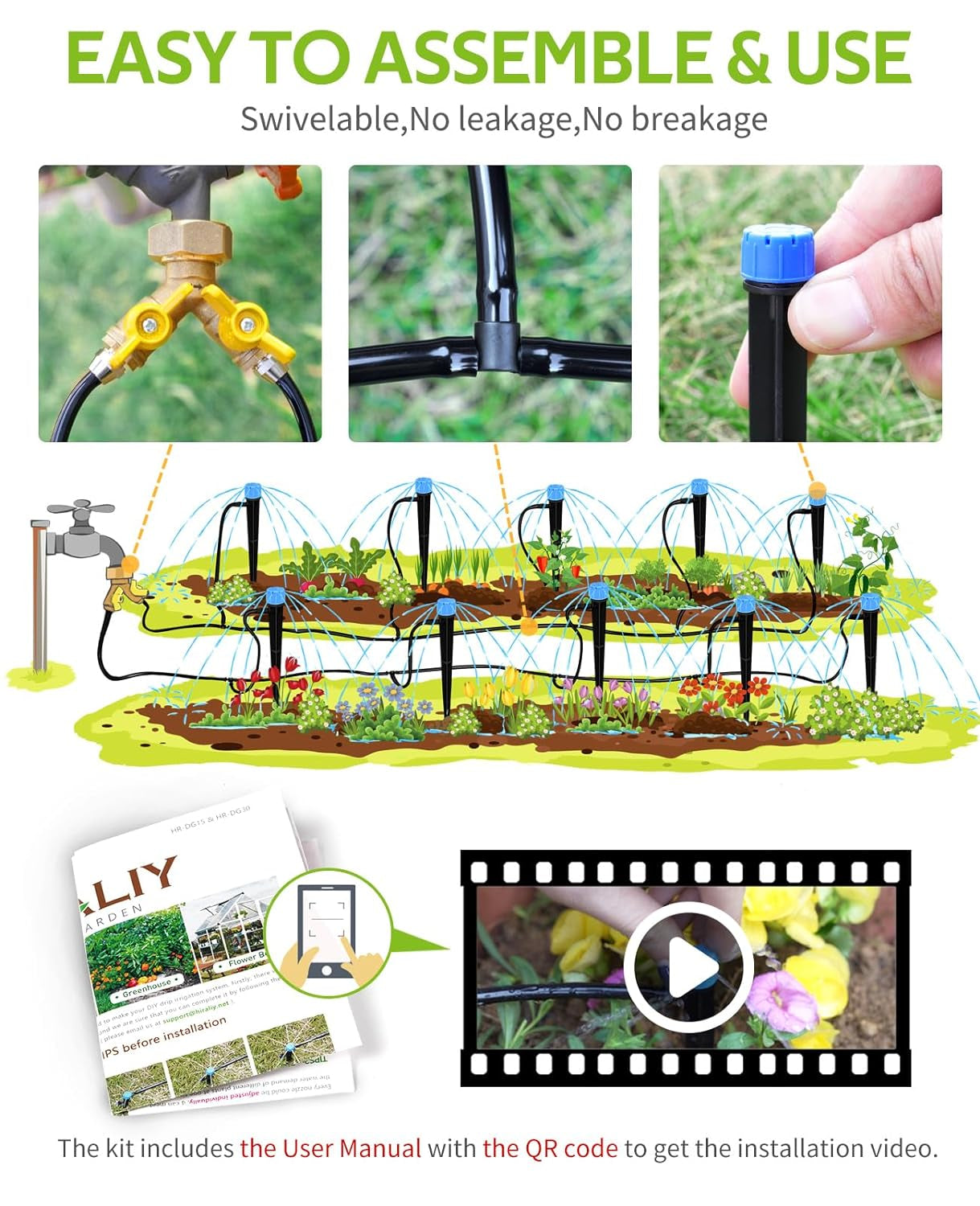 100ft Drip Irrigation Kit Plant Watering System 8x5mm for Garden Greenhouse Flower Bed Patio Lawn