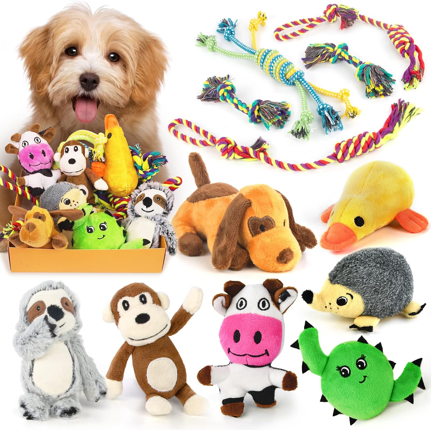 12 Pack Dog Squeaky Toys For Teething Cute Stuffed Plush Bundle Natural Cotton Puppy Rope/ Dog Chew Toys For Puppies Pet Toys For Small Dogs