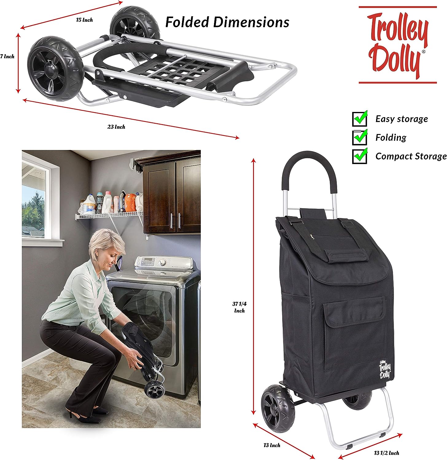 Trolley Dolly Black Foldable Shopping cart for Groceries with Wheels and Removable Bag 