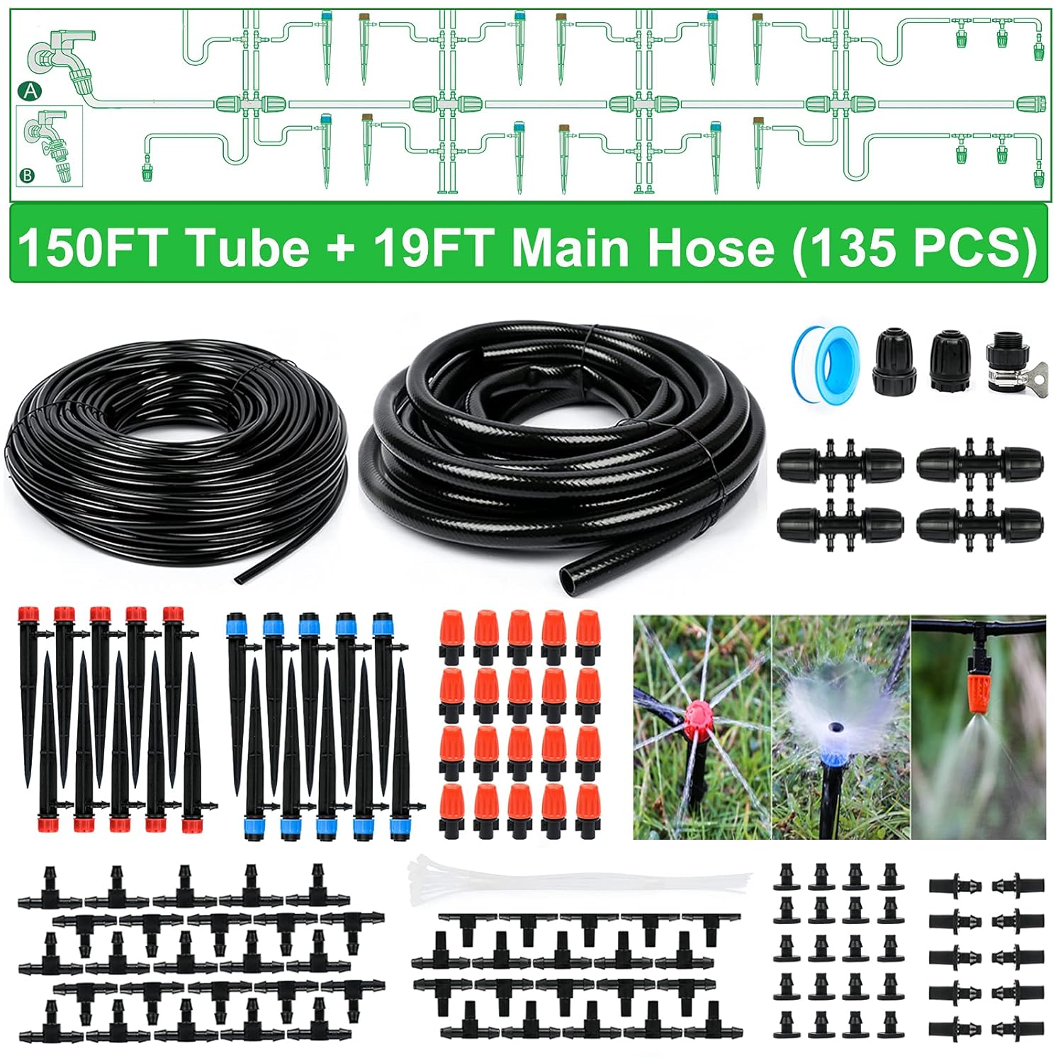 169FT Greenhouse Watering System Drip Irrigation Kit 1/4 inch Automatic Patio Misting System for Garden