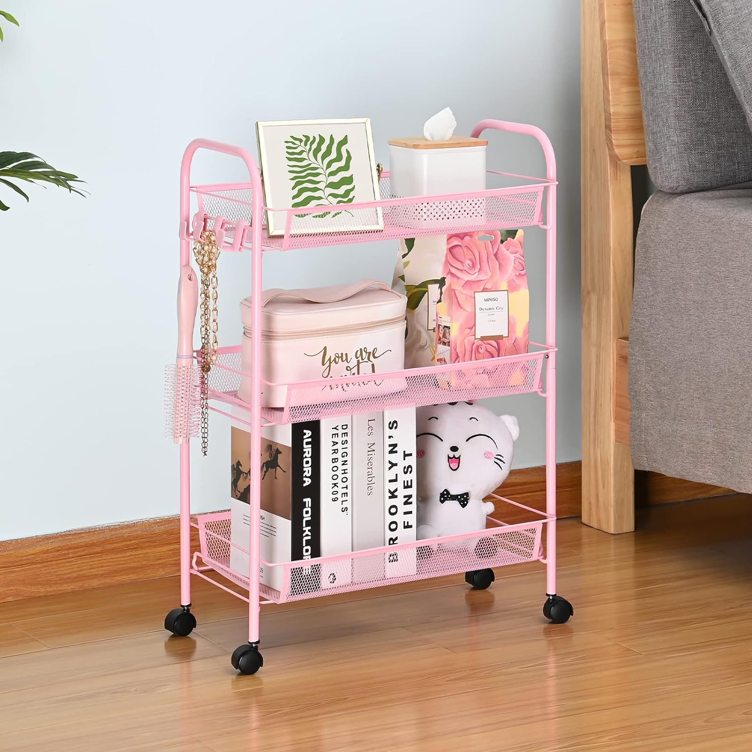 3-Tier Metal Rolling Cart Storage Trolley on Wheels with 3 Hooks for Kitchen Bathroom Laundry Room