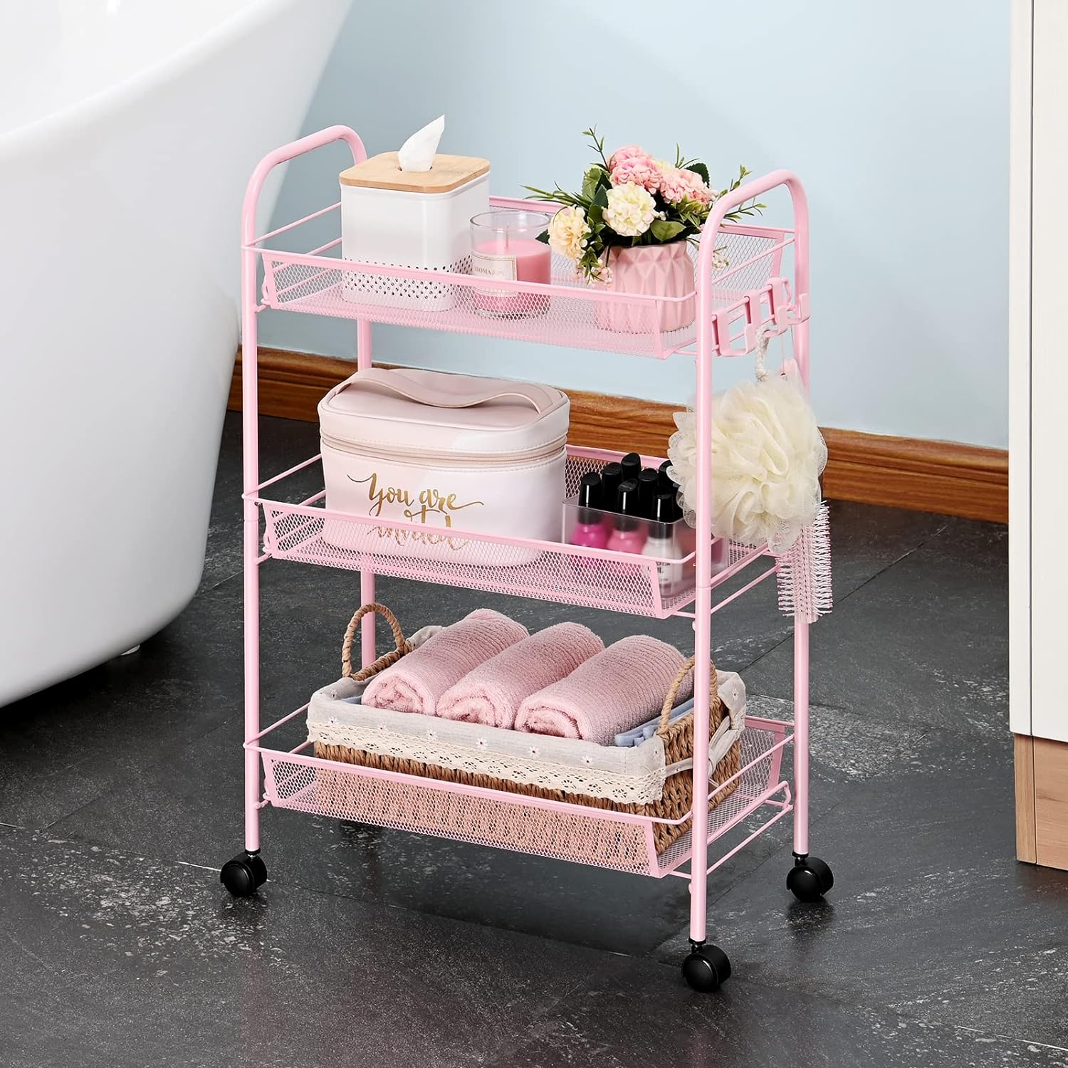 3-Tier Metal Rolling Cart Storage Trolley on Wheels with 3 Hooks for Kitchen Bathroom Laundry Room