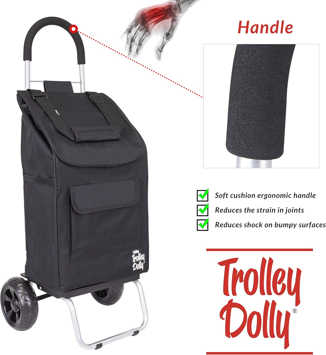 Trolley Dolly Black Foldable Shopping cart for Groceries with Wheels and Removable Bag 