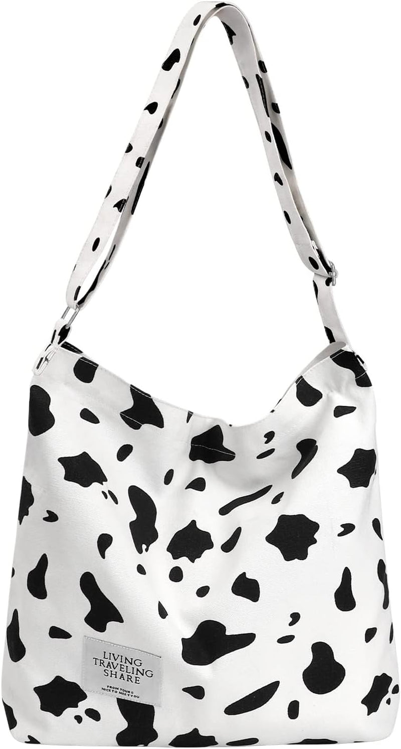 Cow Printed Canvas Tote Bag with External Pocket Adjustable Shoulder Strap